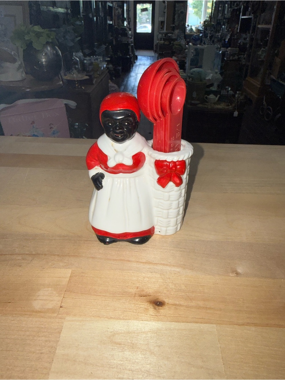 Red Dress Lady White Apron Measuring Spoon Holder Ceramic VTG